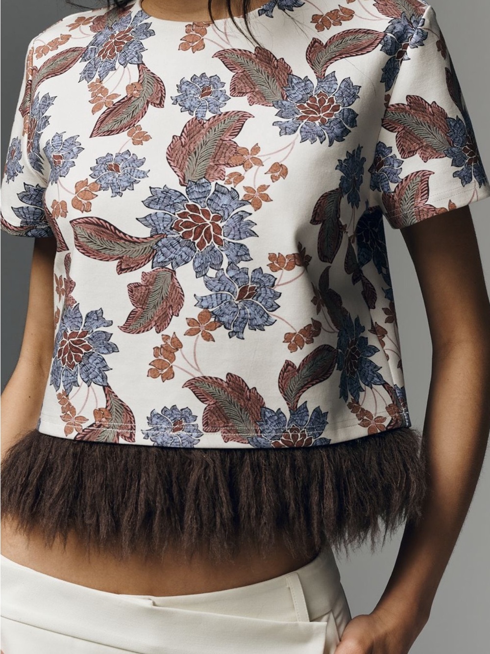 dolan/Anthropolgie White Floral with Blue & Brown Accents and Brown Feather Hem